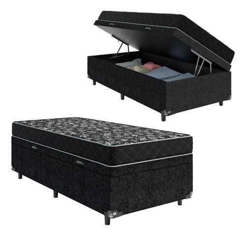 Cama Box Baú Solteiro + Colchão D20- Suede Preto 56x88x188cm